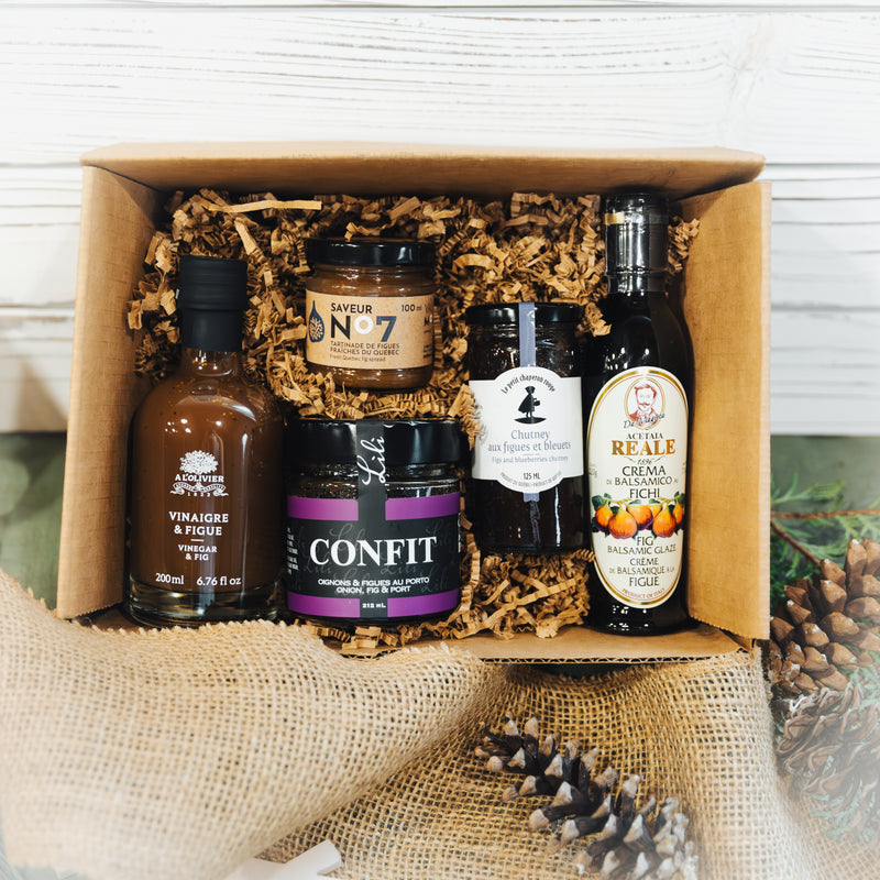 Ensemble cadeau comprenant une tartinade de figues fraîches du Québec, craquelins à la figue, salami vegan aux figues, confit d'oignons aux figues et porto et une crème de balsamique à la figue